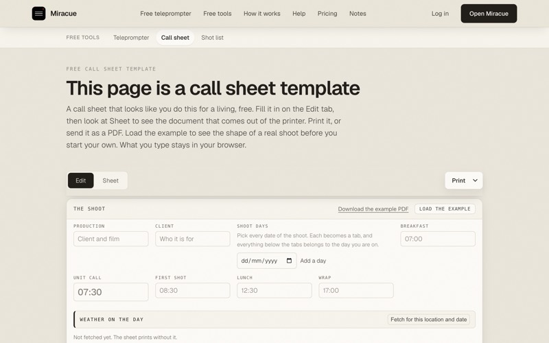Miracue free call sheet template page