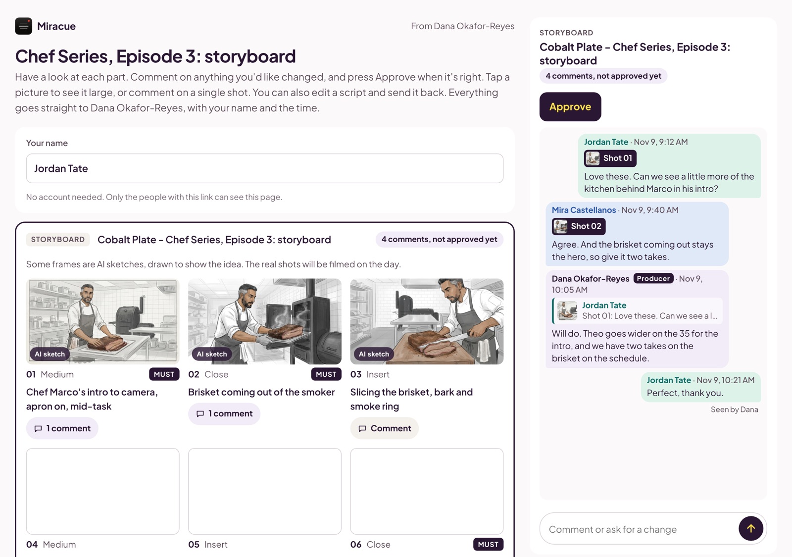 The client's own link to the plan, with an Approve button and comments on shots