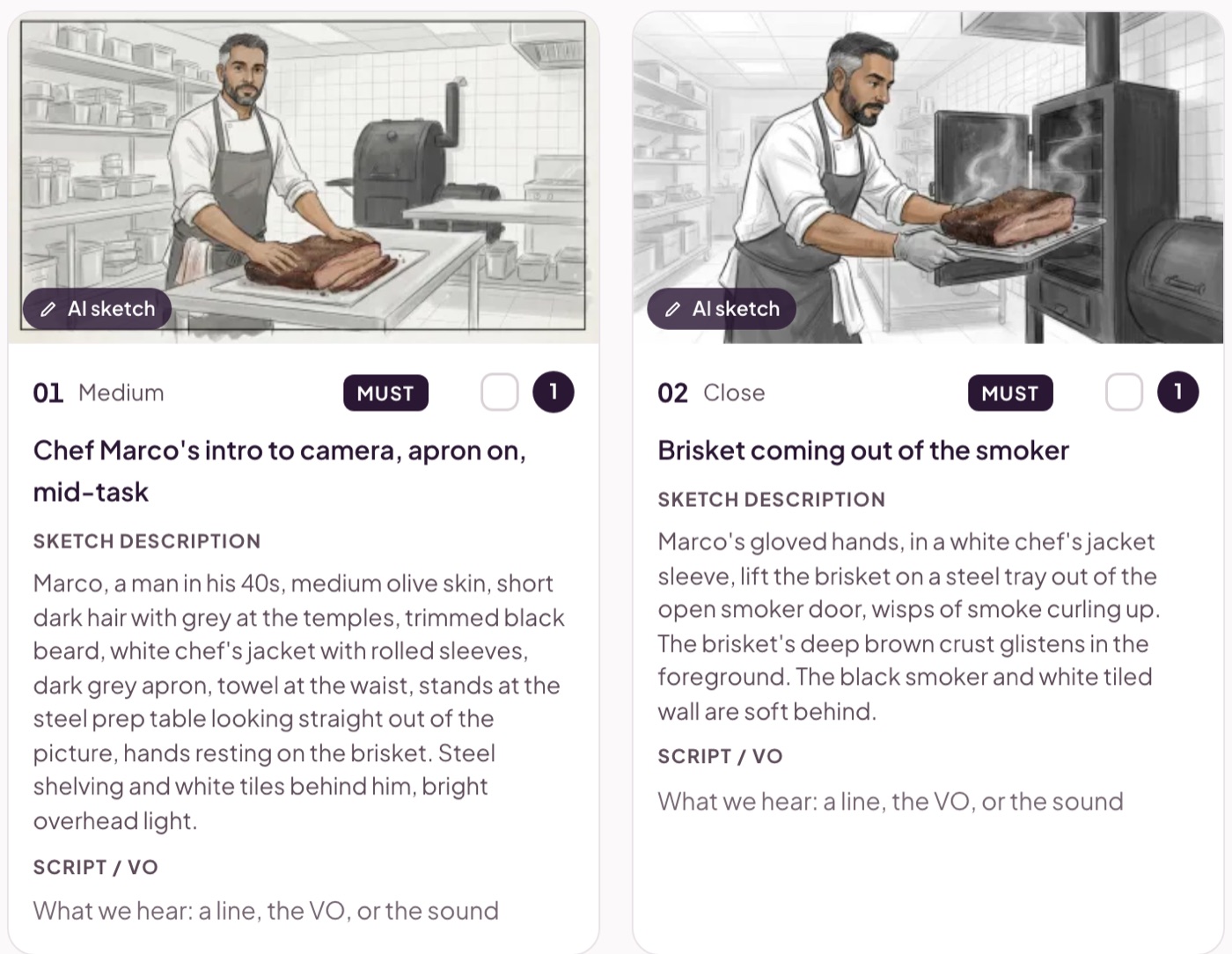 Miracue Pro storyboard, with frames sketched and labelled AI sketch