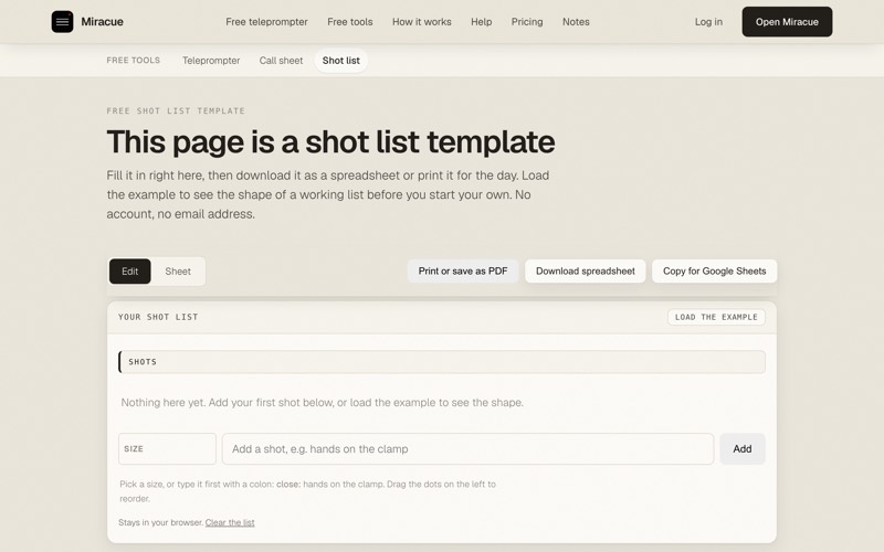 Miracue free shot list template page