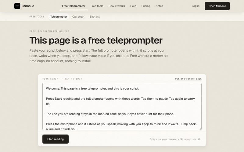 Miracue teleprompter page