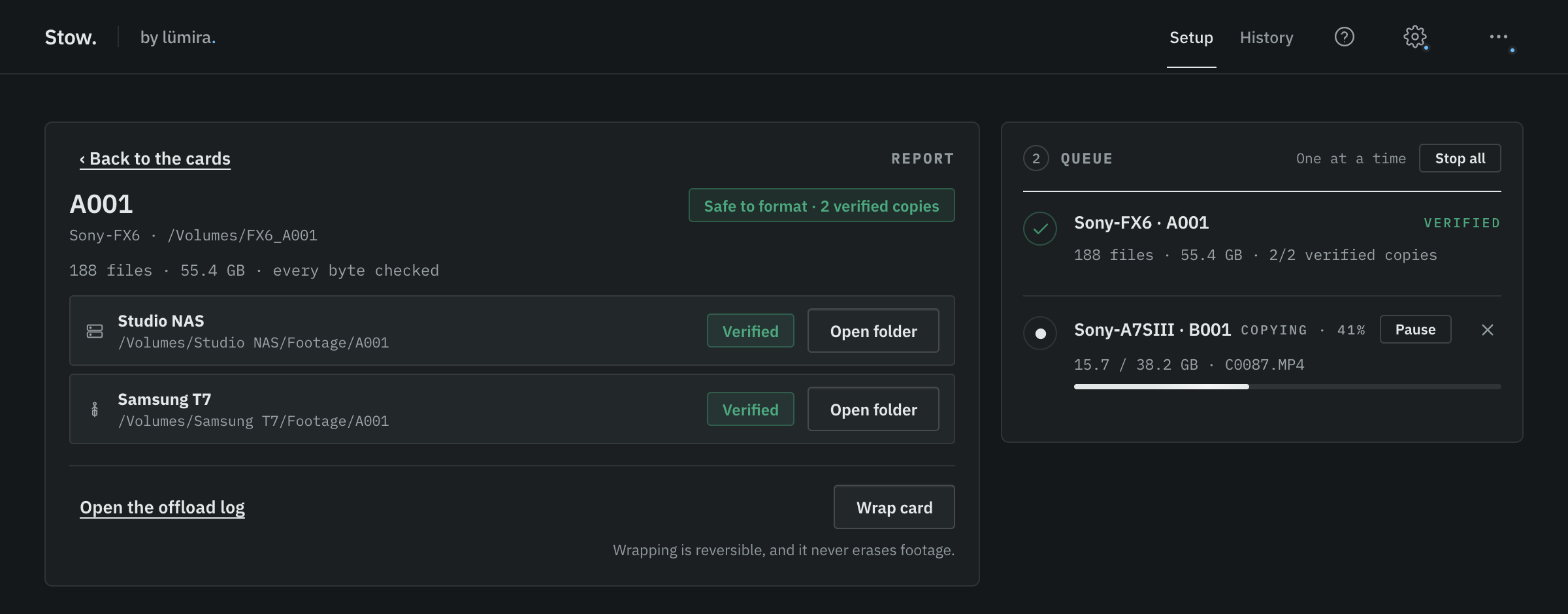 A finished card's report in Stow: A001, Safe to format with 2 verified copies, the Studio NAS and Samsung T7 both Verified with Open folder buttons, while the next card copies in the queue beside it.