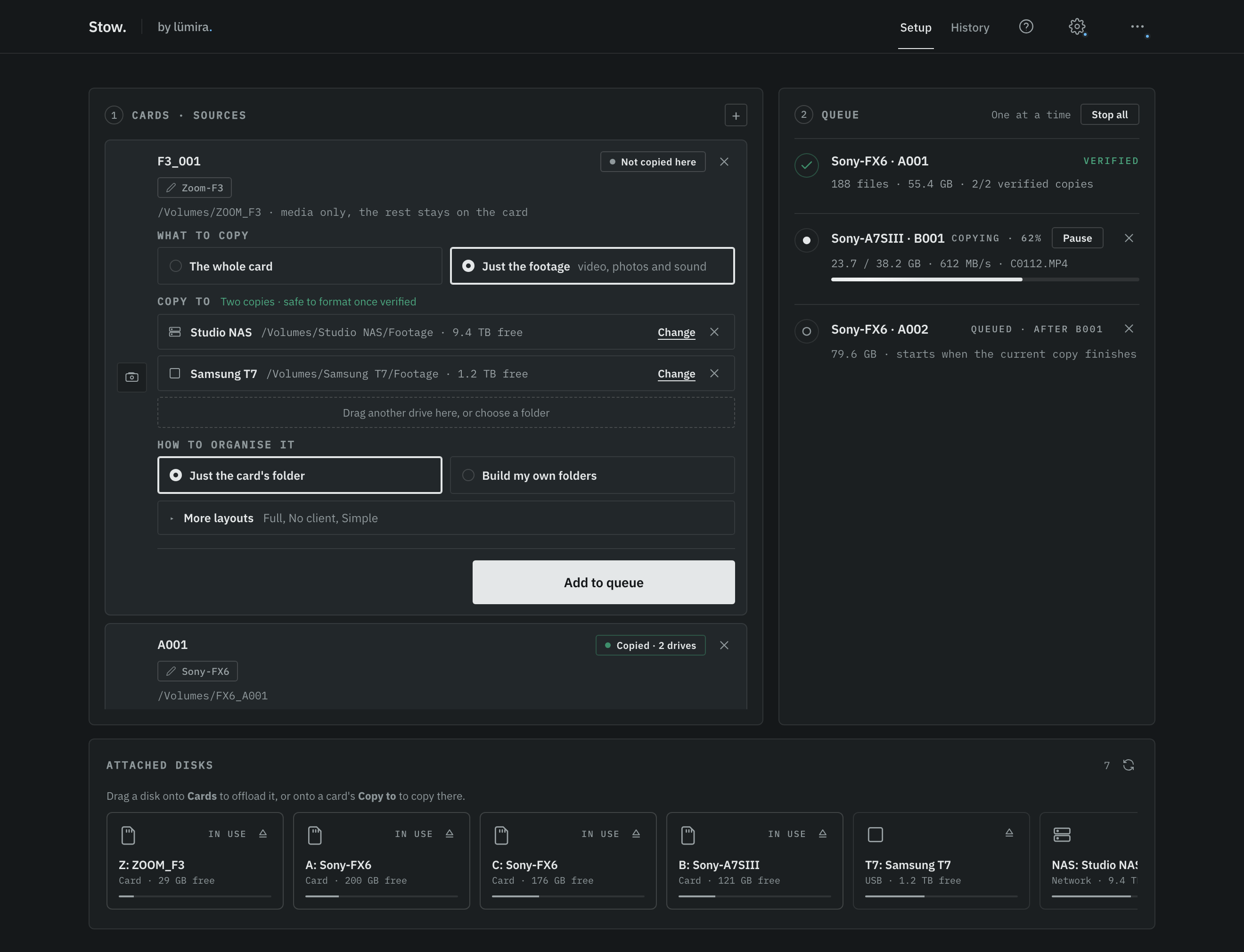 Stow's main screen: the A7S III card copying at 62 percent in the queue on the right, while the Zoom F3 card is set up on the left to copy just the footage to a Studio NAS and a Samsung T7.