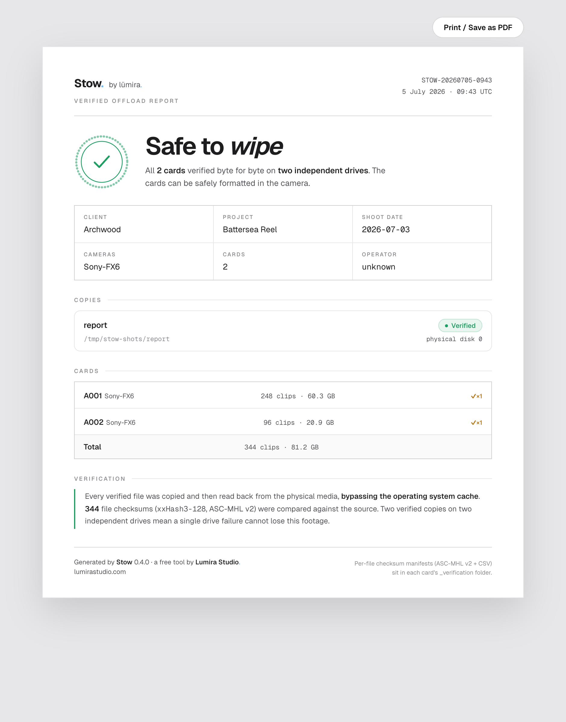 A one-page verified offload report: a green Safe to wipe verdict, client and project details, per-card clip and byte totals, and a verification statement citing xxHash3-128 and ASC-MHL v2.