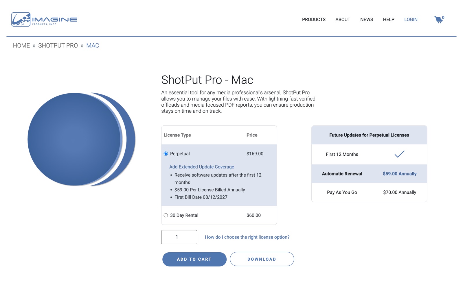 Imagine Products' ShotPut Pro for Mac page, showing a $169 perpetual licence, a $60 thirty-day rental, and $59 annual extended update coverage.