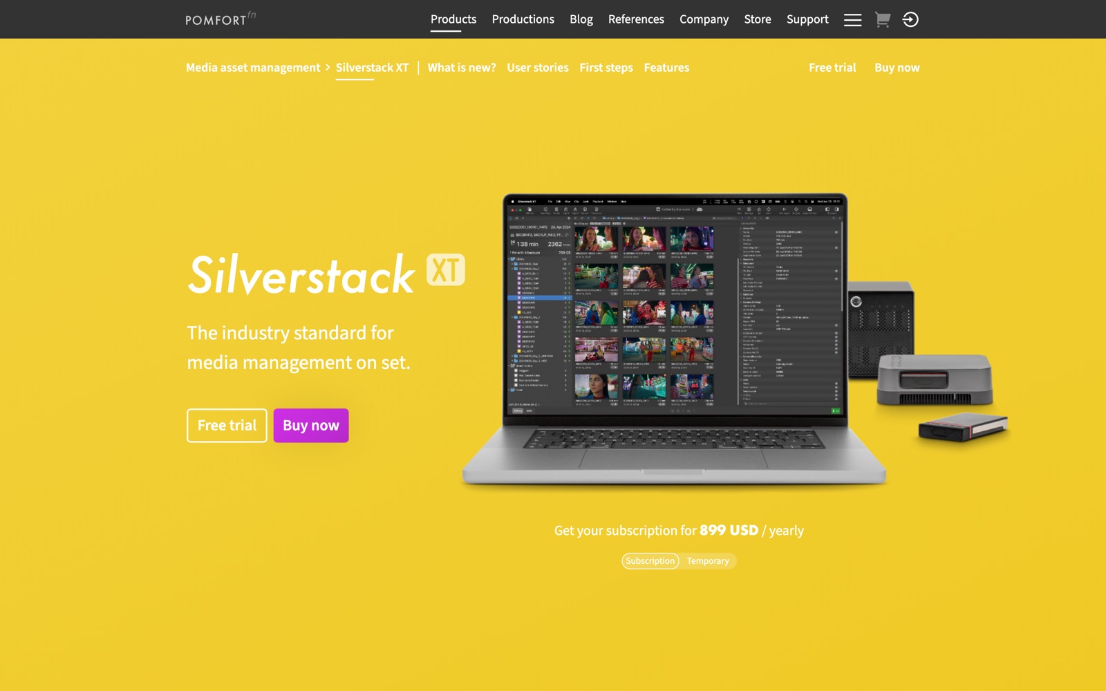 Pomfort's Silverstack XT page: the industry standard for media management on set, with a subscription shown at 899 USD yearly.