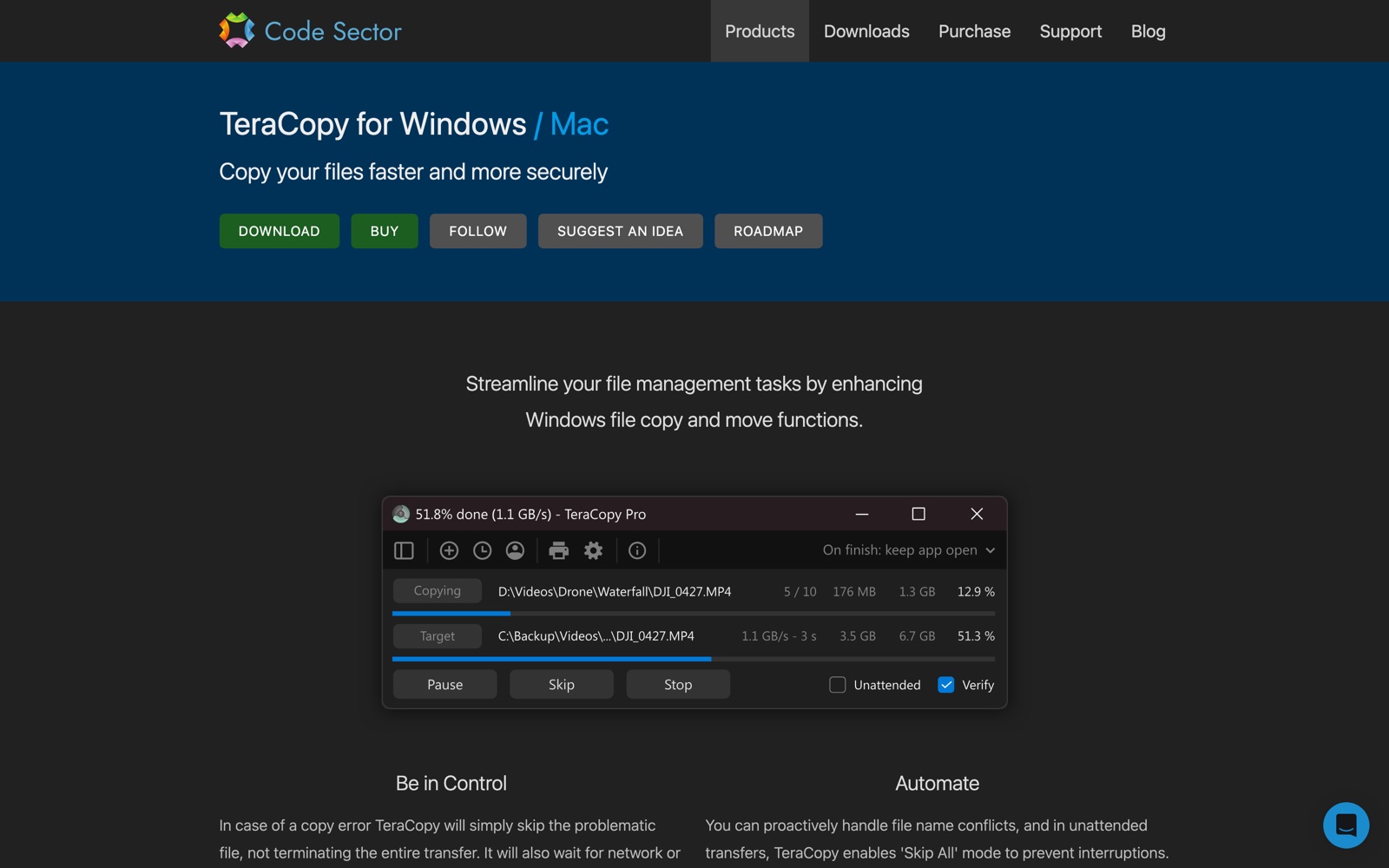 Code Sector's TeraCopy page showing a verified copy in progress at 1.1 GB per second with the Verify option ticked.