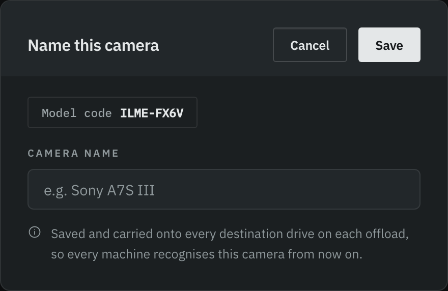 The Name this camera dialog, showing the detected model code and a free-text name field