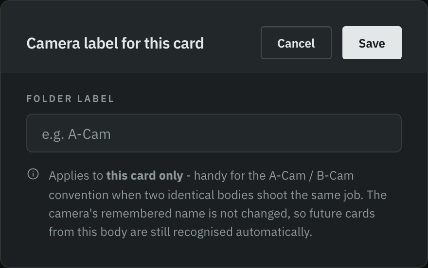 The Camera label for this card dialog with a free-text folder label field