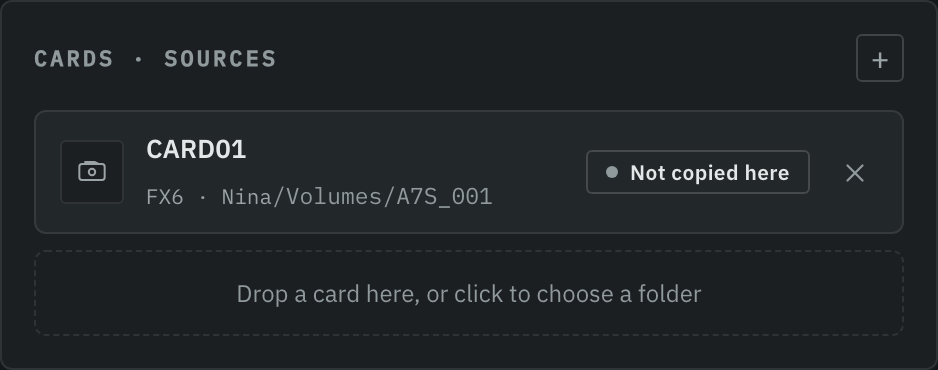 A queued card in Stow's Cards list, showing the card name in bold and the camera label beneath it