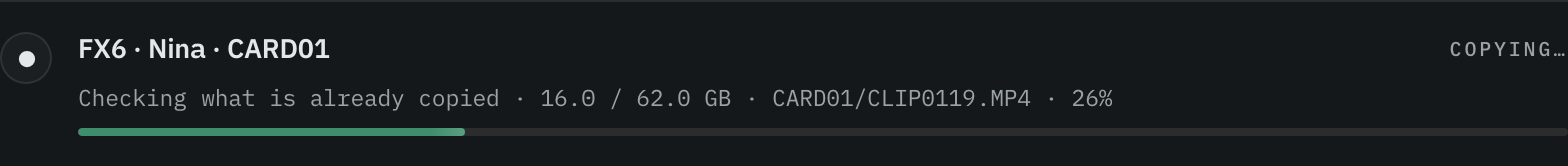 A running card whose progress bar reads Checking what is already copied