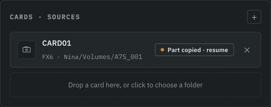 A queued card whose status pill reads Part copied, resume