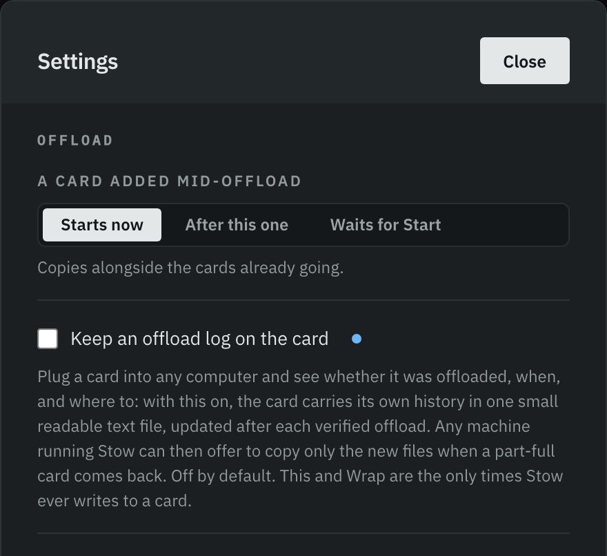 Stow's Settings dialog with the Keep an offload log on the card switch under the Offload group