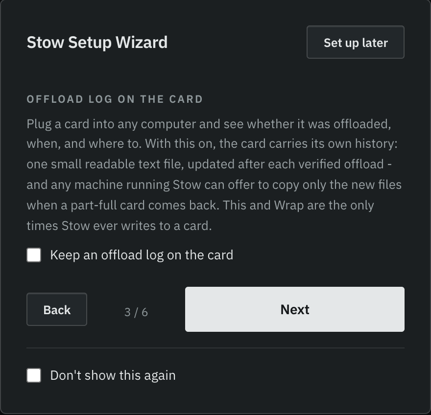 The offload log step of the Stow Setup Wizard