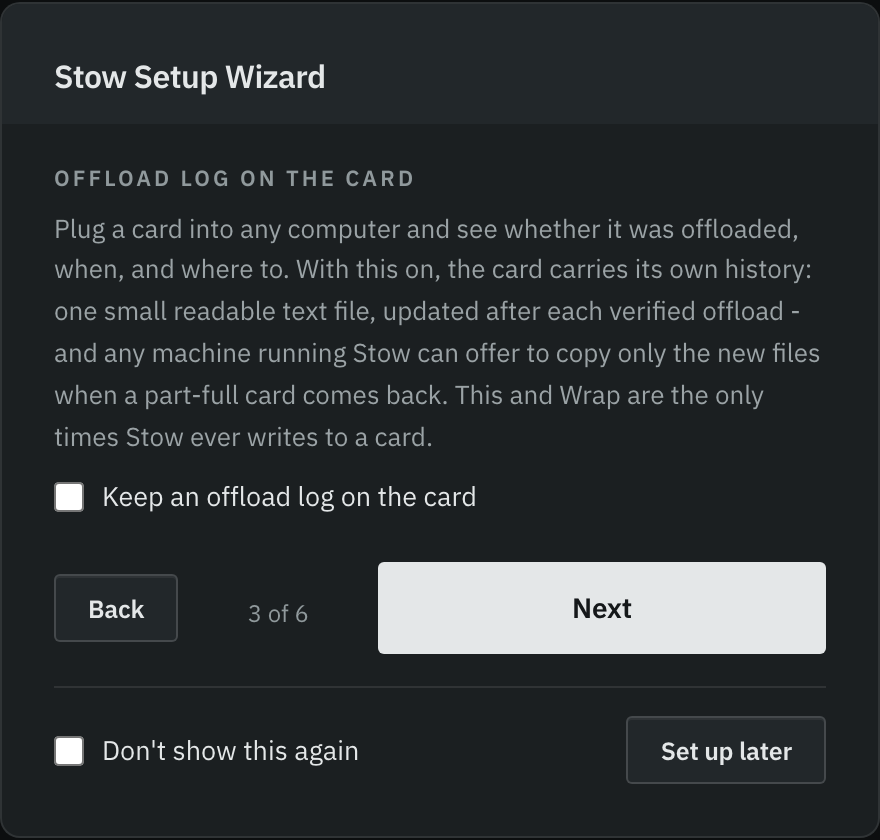 The offload log step of the Stow Setup Wizard