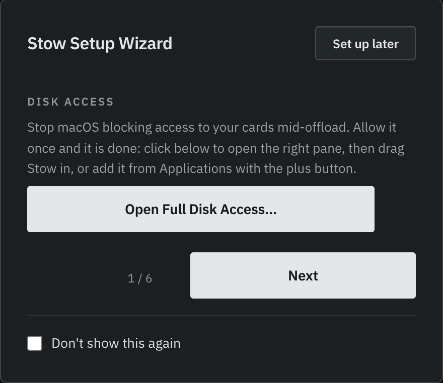 The disk access step of the Stow Setup Wizard with an Open Full Disk Access button