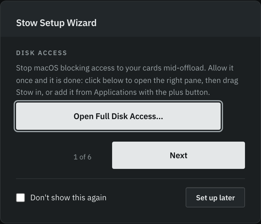 The disk access step of the Stow Setup Wizard with an Open Full Disk Access button