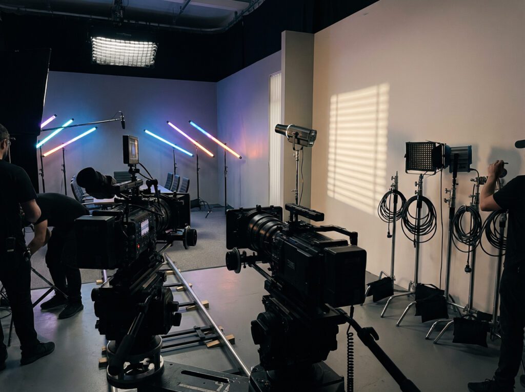 Creative Lighting Techniques BTS – Lumira Studio Creative Lighting Techniques BTS_Gobo light on the wall, and RGB light bars in the background