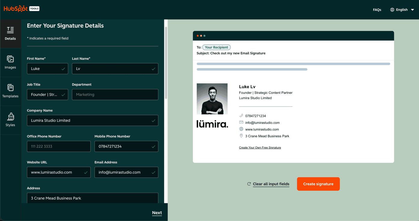 HubSpot email signature generator, with the details form on the left and a live preview of the finished signature on the right