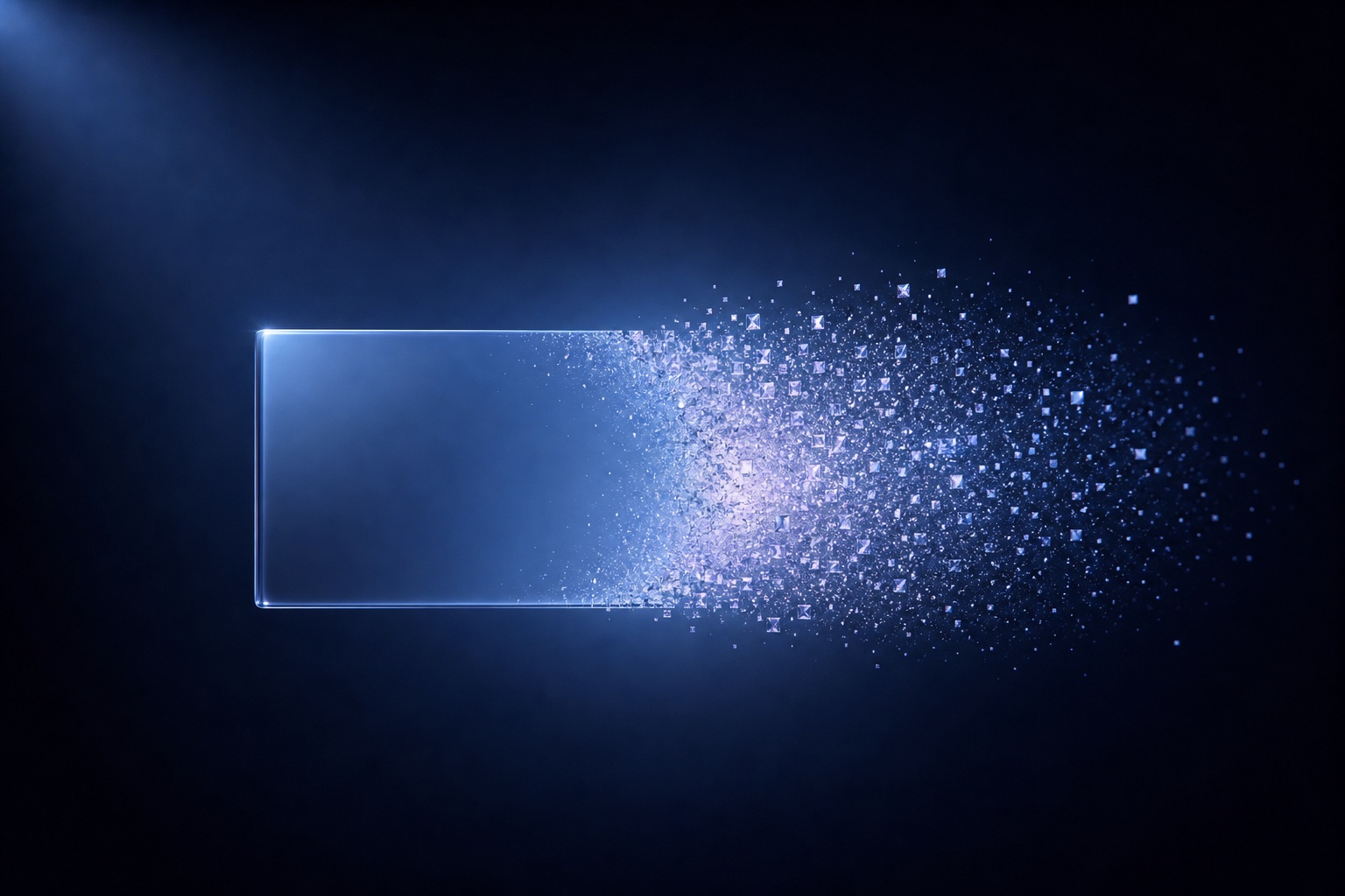 sdgr4z – Lumira Studio Blue rectangular device on the left dissolves into glowing particles toward the right against a dark background, conveying a high-tech effect. – Lumira Studio