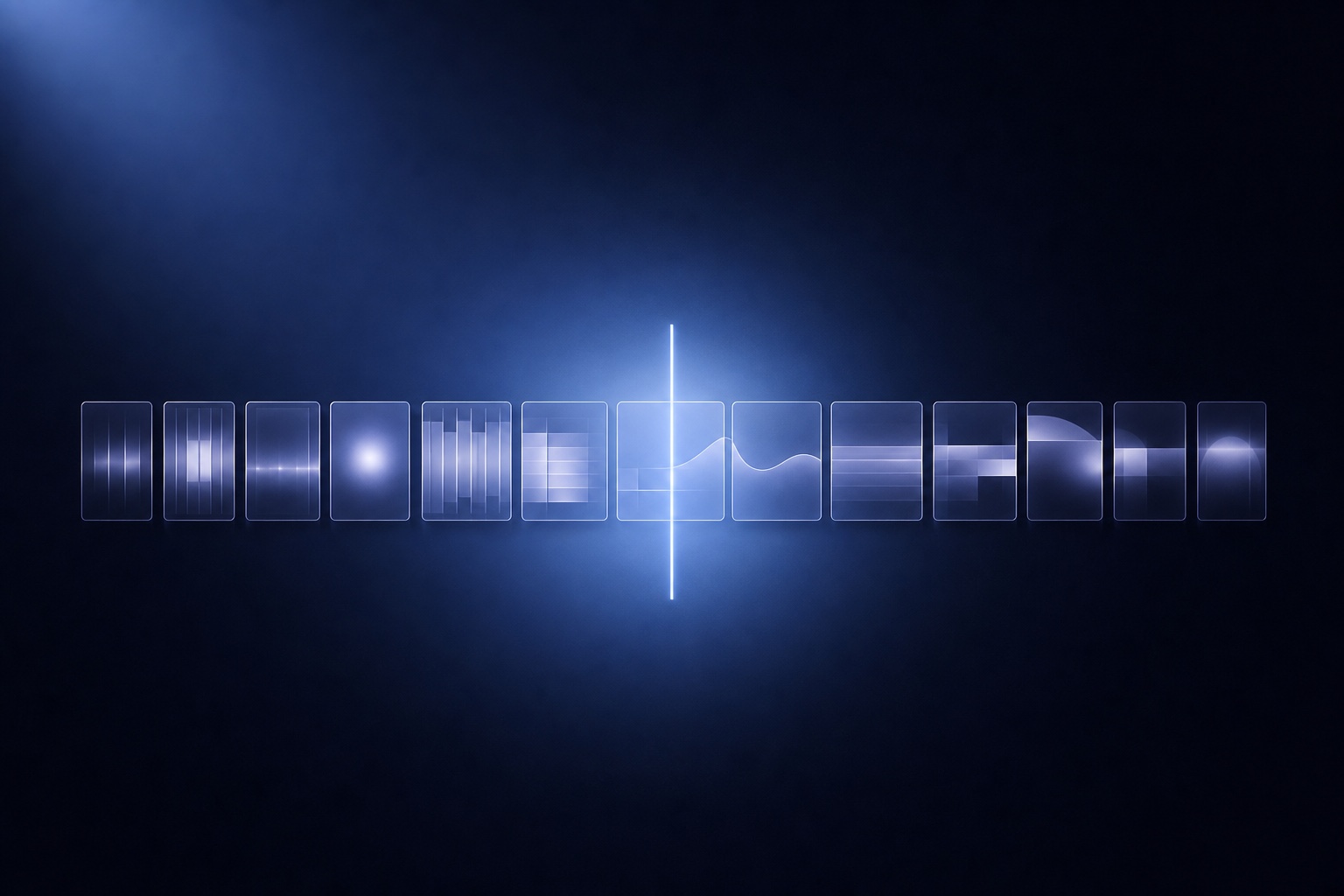 7o1hy1 – Lumira Studio Row of translucent blue panels showing different waveforms on a dark blue background, with a bright vertical center line. – Lumira Studio