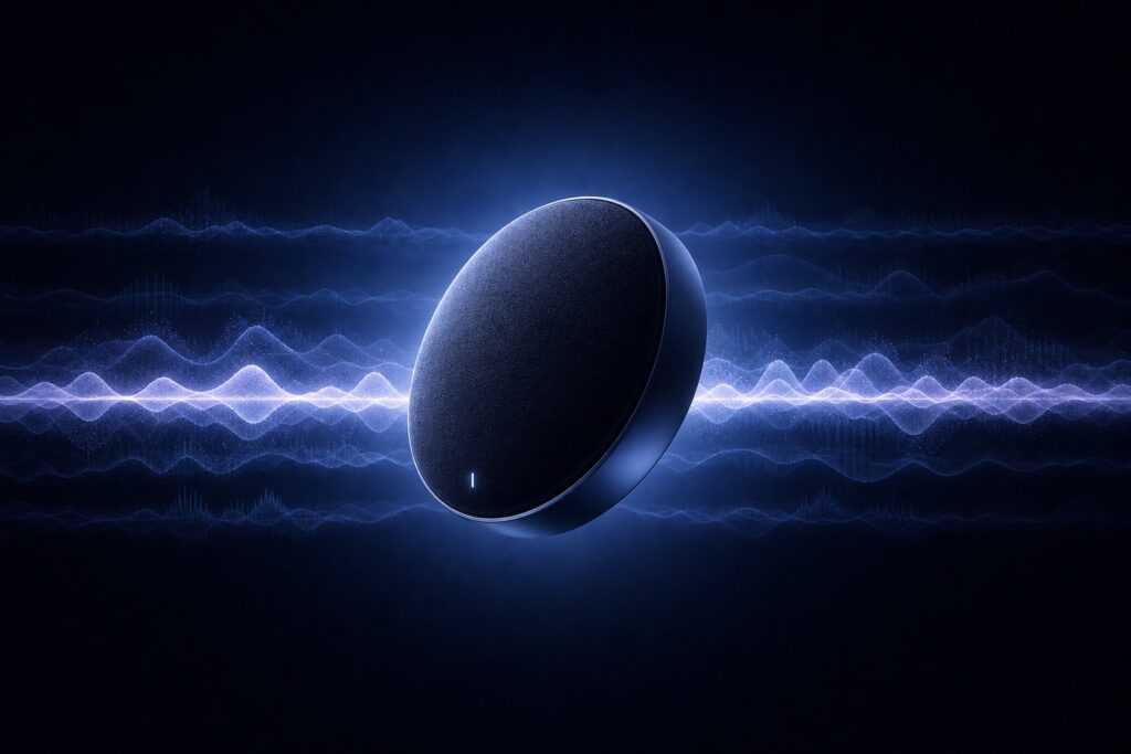 Round wireless speaker with dark fabric top and blue glow, emitting audio waves across a dark background
