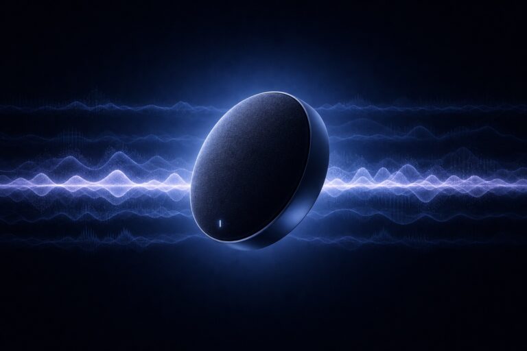 Round wireless speaker with dark fabric top and blue glow, emitting audio waves across a dark background