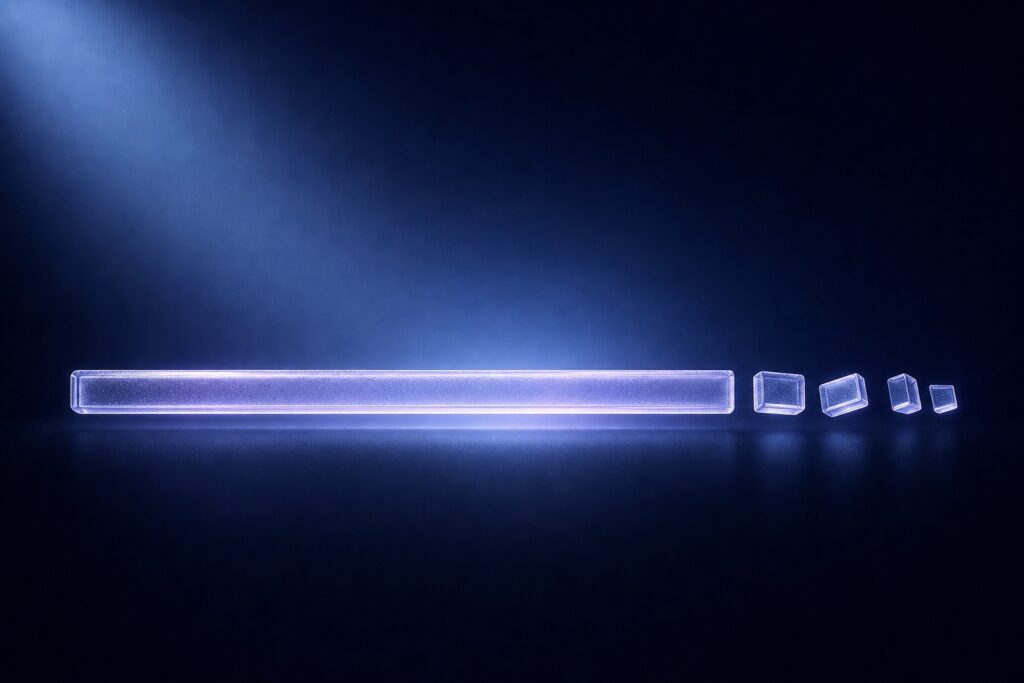 Long glowing blue rectangular bar with four smaller glass cubes aligned to the right on a dark background.