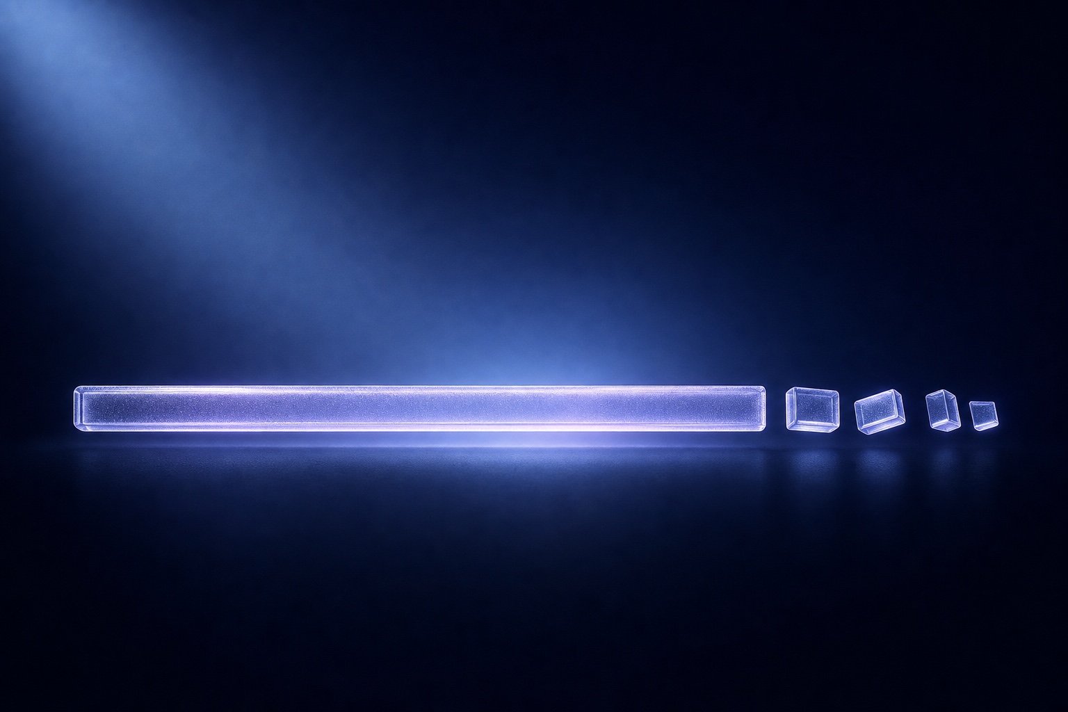 xrp3ly – Lumira Studio Long glowing blue rectangular bar with four smaller glass cubes aligned to the right on a dark background. – Lumira Studio