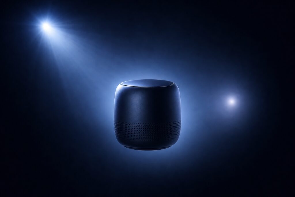 Smart speaker hovering in a blue-lit studio with a glowing halo behind it, suggesting a tech product. Around-the-bottom perforated grille and smooth rounded body are visible in cool blue tones.