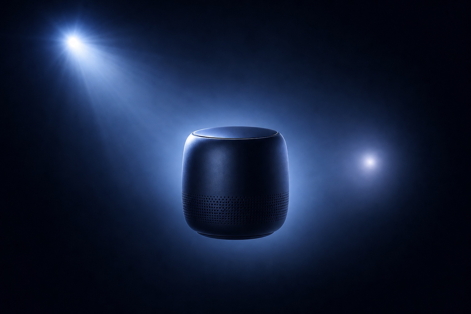 9ot4qp – Lumira Studio Smart speaker hovering in a blue-lit studio with a glowing halo behind it, suggesting a tech product. Around-the-bottom perforated grille and smooth rounded body are visible in cool blue tones. – Lumira Studio