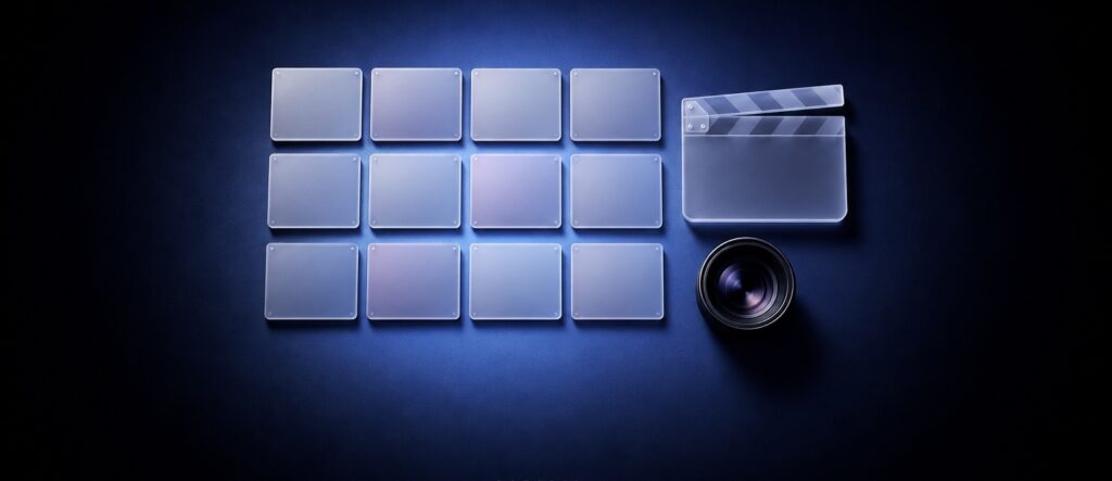 Twelve blue square memory cards arranged in a grid beside a film clapper and a camera lens on a dark blue background.