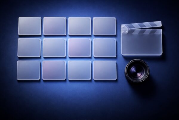 Twelve blue square memory cards arranged in a grid beside a film clapper and a camera lens on a dark blue background. – Lumira Studio