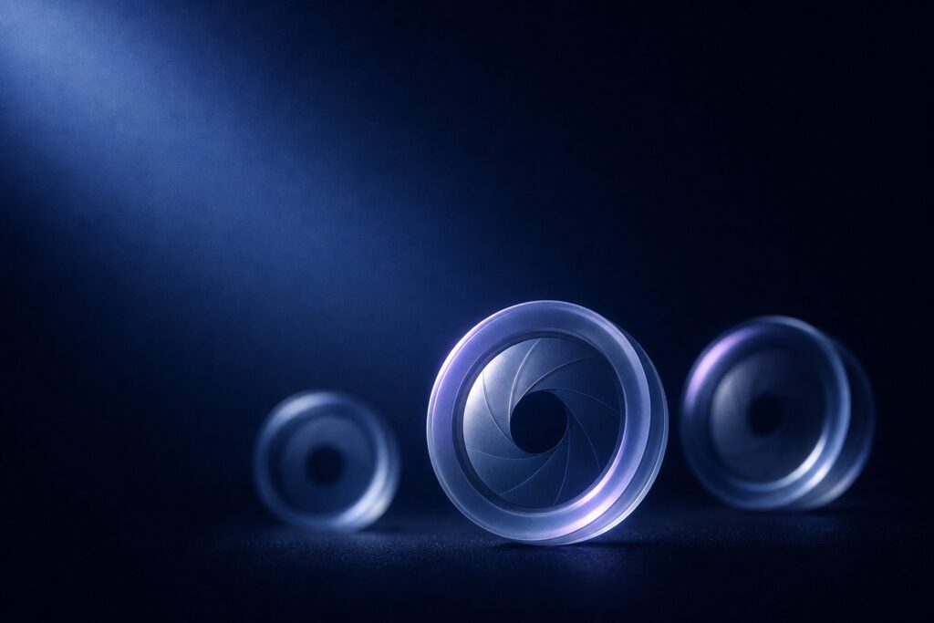 Three translucent circular lens elements arranged on a dark blue surface, illuminated by cool blue light.
