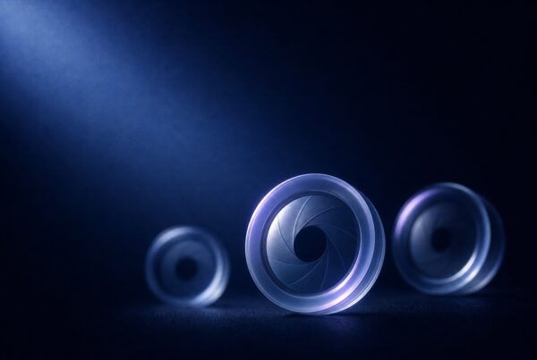 Three translucent circular lens elements arranged on a dark blue surface, illuminated by cool blue light. – Lumira Studio