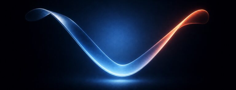Abstract neon ribbon of light curving from blue to orange against a dark background.