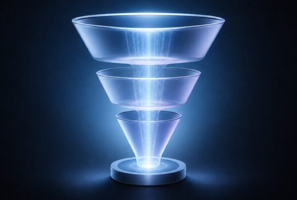 Futuristic translucent funnels stacked vertically, glowing blue light from the base on a circular platform. – Lumira Studio