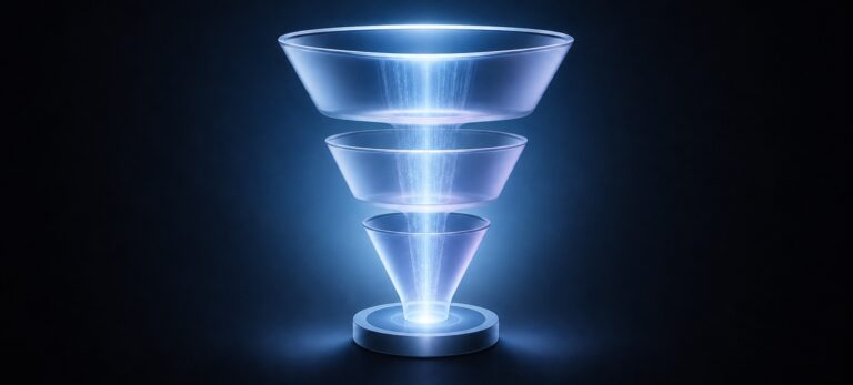 Futuristic translucent funnels stacked vertically, glowing blue light from the base on a circular platform.