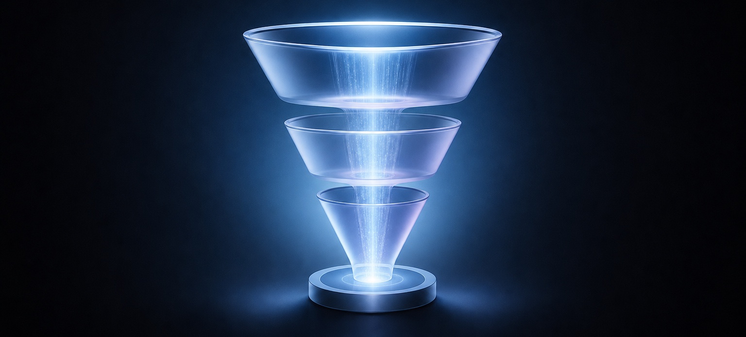 i823dw – Lumira Studio Futuristic translucent funnels stacked vertically, glowing blue light from the base on a circular platform. – Lumira Studio