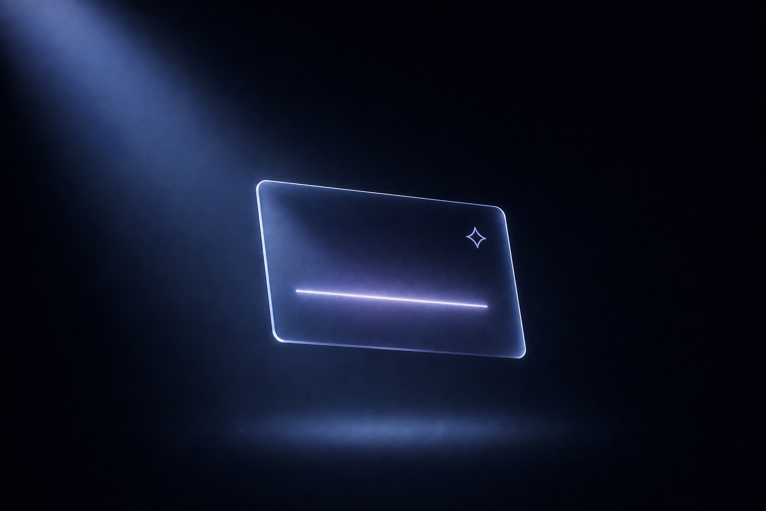 Floating translucent neon card with rounded corners, a glowing horizontal progress line, and a small diamond logo in the corner. – Lumira Studio
