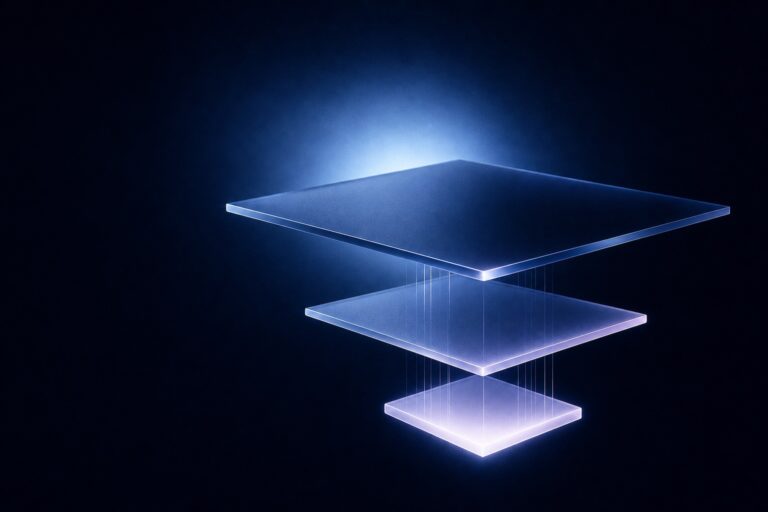 Abstract illustration of three translucent glass panels stacked in midair with blue glow, suggesting layered data or architecture.