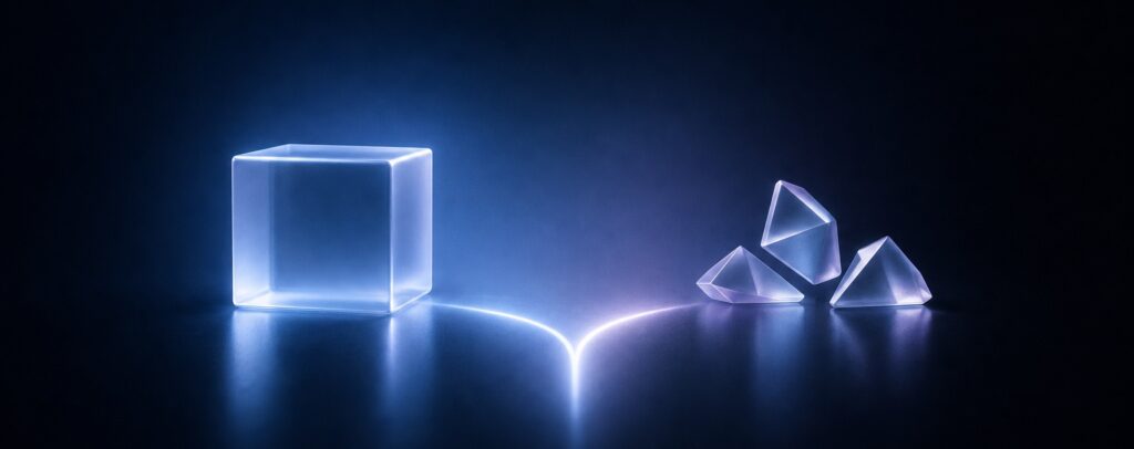 Neon blue translucent cube on the left connected by a glowing line to three glass-like prisms on the right in a dark studio setting.