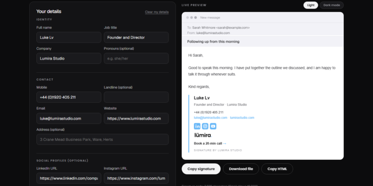 Signature builder with live email preview – Lumira Studio Building an email signature with a live preview shown inside a mock email window – Lumira Studio