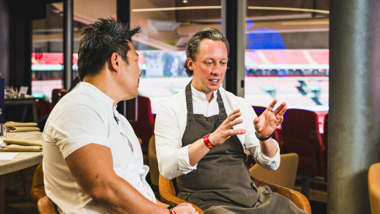 Andrew Wong and Calum Franklin at Wembley Stadium for the Emirates FA Cup Final Chefs Andrew Wong and Calum Franklin in conversation at Wembley Stadium during the Emirates FA Cup Final.
