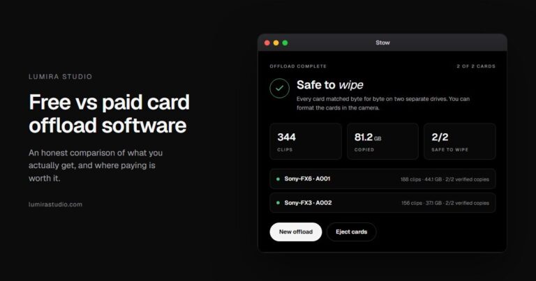 Free vs paid camera card offload software Stow showing a green safe-to-wipe verdict after two verified copies