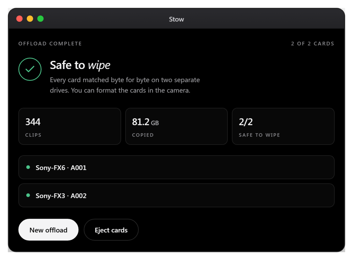 Stow result screen showing 344 clips and 81.2 GB copied, with both cards verified on two drives and marked safe to wipe