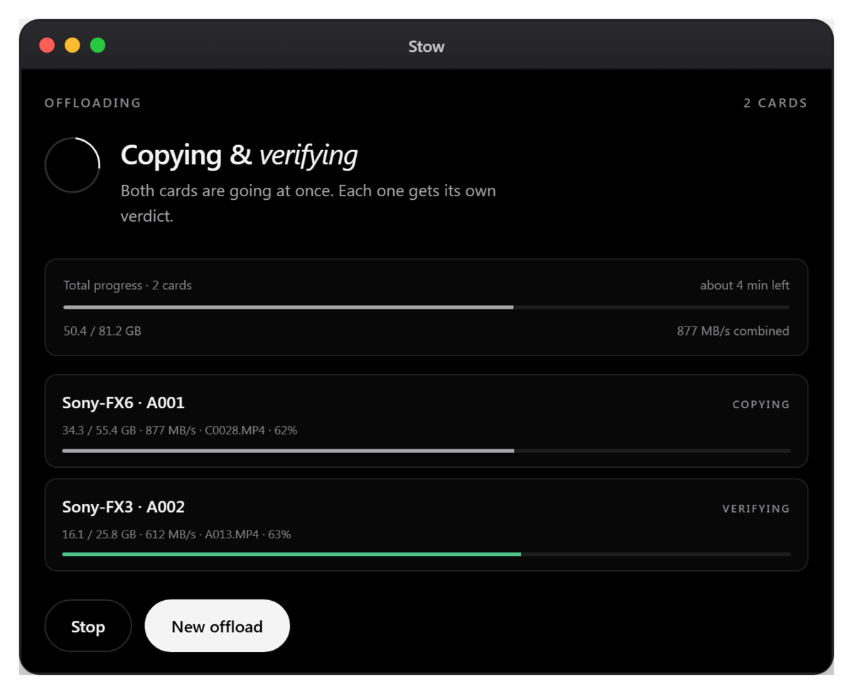 Stow copying and verifying two camera cards in parallel, each with its own progress row and verdict