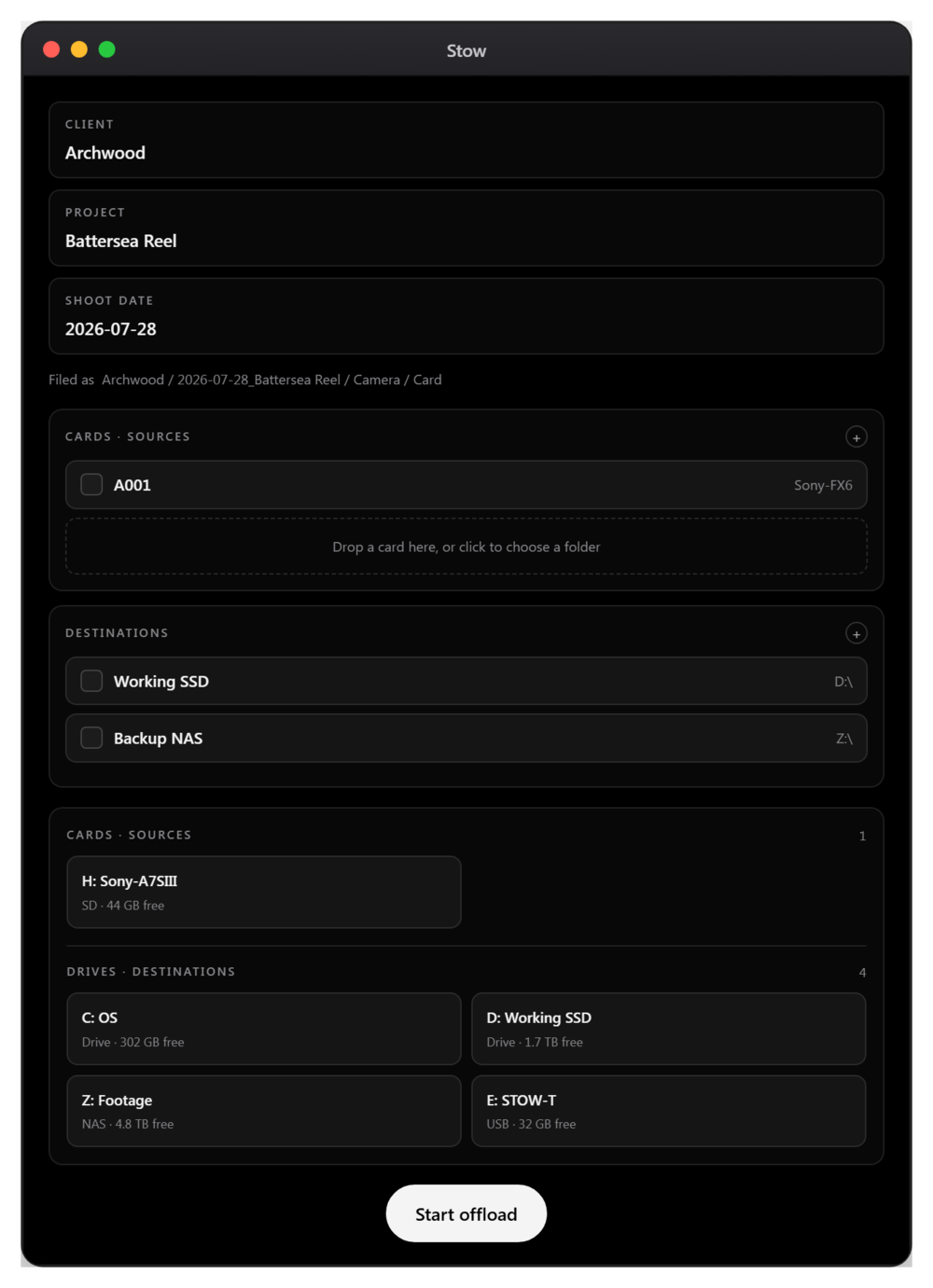 Stow setup screen showing client and project fields, the filing path preview, and the disk tray split into cards and drives