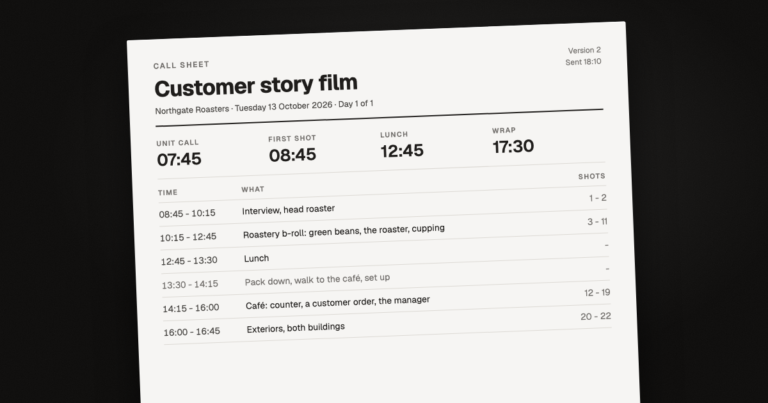A call sheet for a fictional customer story film showing unit call first shot lunch and wrap times and the shooting schedule with shot numbers Example call sheet for a fictional customer story film, with key times and a shooting schedule that lists shot numbers