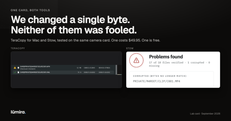 TeraCopy and Stow both catching a corrupted camera card file TeraCopy reporting a checksum mismatch beside Stow reporting one corrupted file, from the same camera card test